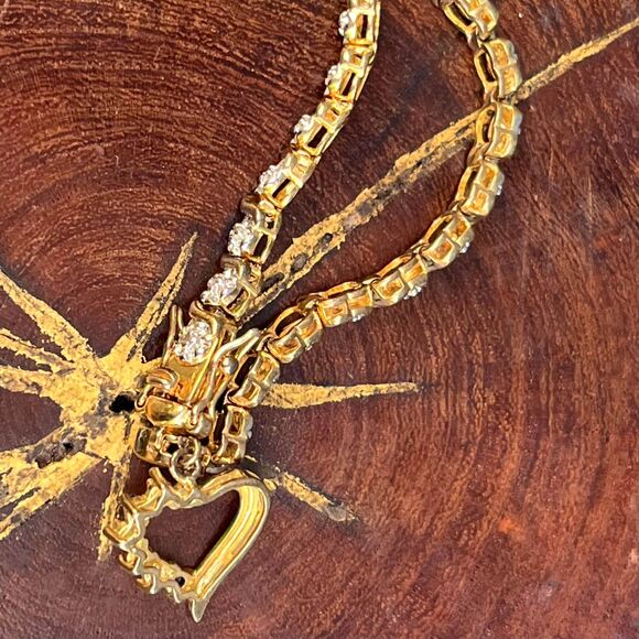 Vintage Heart Charm Tennis Bracelet Sterling Silver Gold Plated Jewelry - Picture 9 of 10